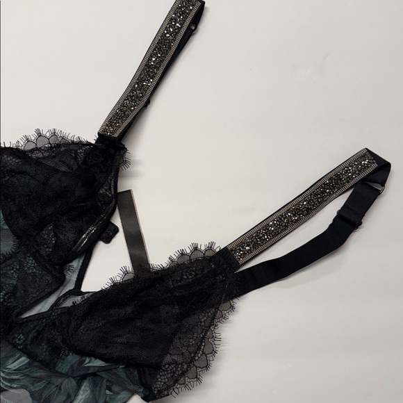 Victoria's Secret Black Lace teddy Bodysuit shine rhinestone straps - Picture 8 of 8